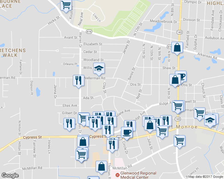 map of restaurants, bars, coffee shops, grocery stores, and more near 106 Sunshine Ave in West Monroe