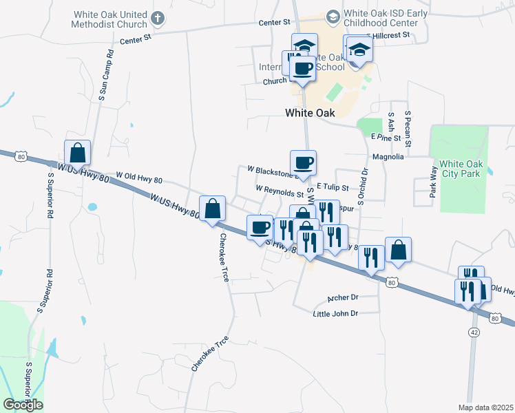 map of restaurants, bars, coffee shops, grocery stores, and more near 709 Smith Street in White Oak