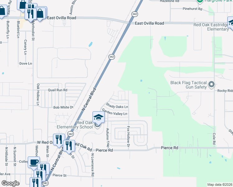 map of restaurants, bars, coffee shops, grocery stores, and more near 314 Shadow Bend Dr in Red Oak