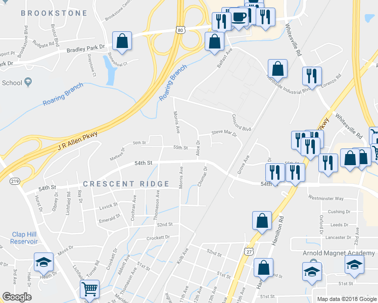 map of restaurants, bars, coffee shops, grocery stores, and more near 1054 55th Street in Columbus