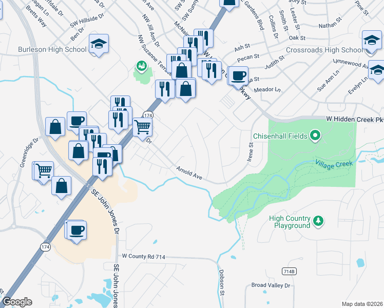map of restaurants, bars, coffee shops, grocery stores, and more near 1108 Miles Avenue in Burleson