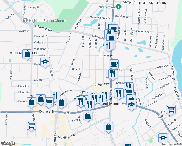 map of restaurants, bars, coffee shops, grocery stores, and more near 2404 N 10th St in West Monroe