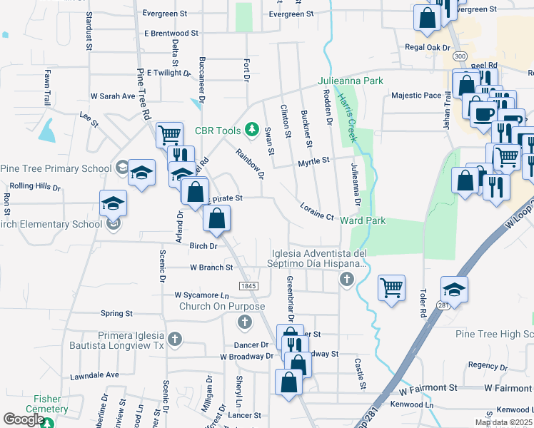 map of restaurants, bars, coffee shops, grocery stores, and more near 1600 Pine Tree Road in Longview