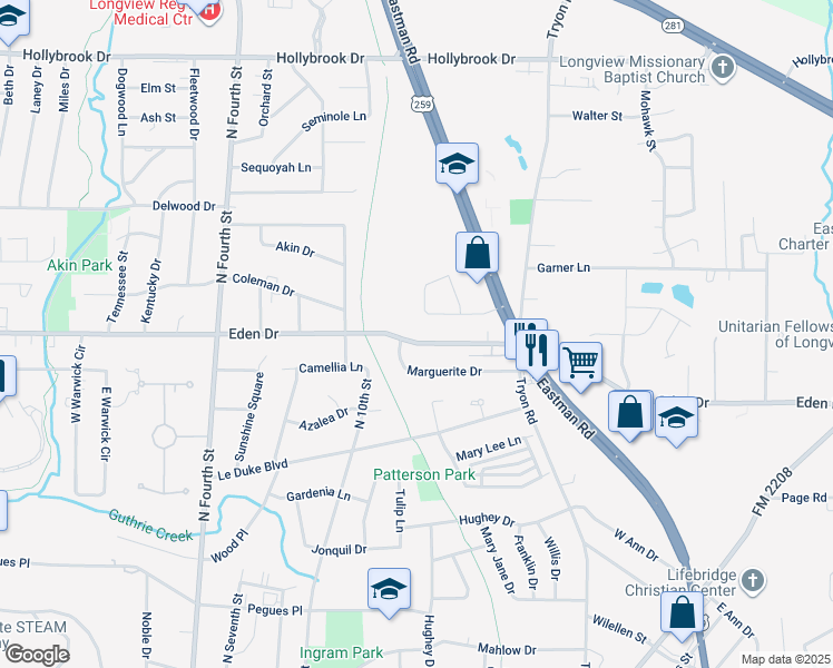 map of restaurants, bars, coffee shops, grocery stores, and more near 1215 Eden Dr in Longview