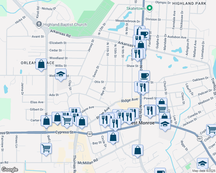 map of restaurants, bars, coffee shops, grocery stores, and more near 1000-1098 Parkwood Dr in West Monroe