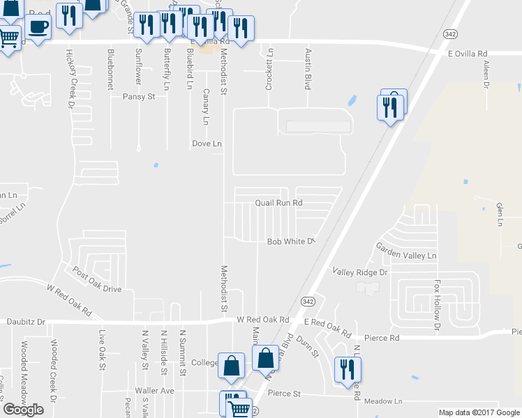 map of restaurants, bars, coffee shops, grocery stores, and more near 119 Forest Park Lane in Red Oak