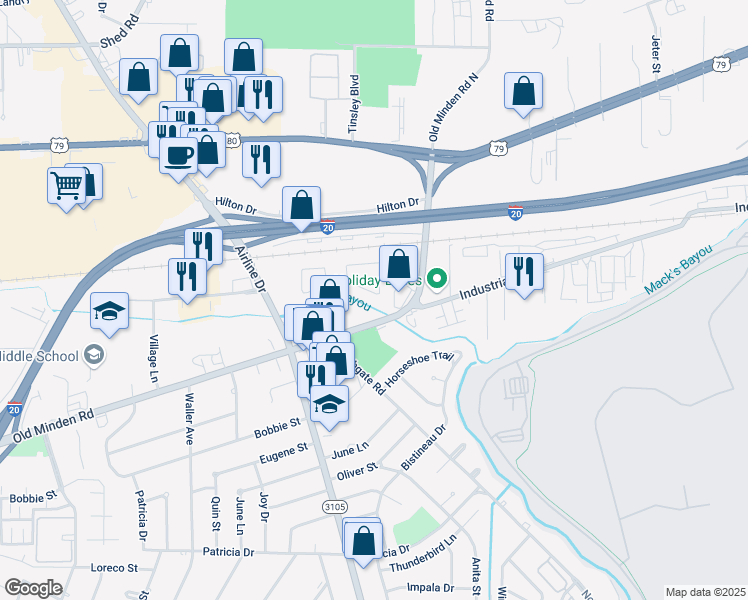 map of restaurants, bars, coffee shops, grocery stores, and more near 2680 Tulip Street in Bossier City