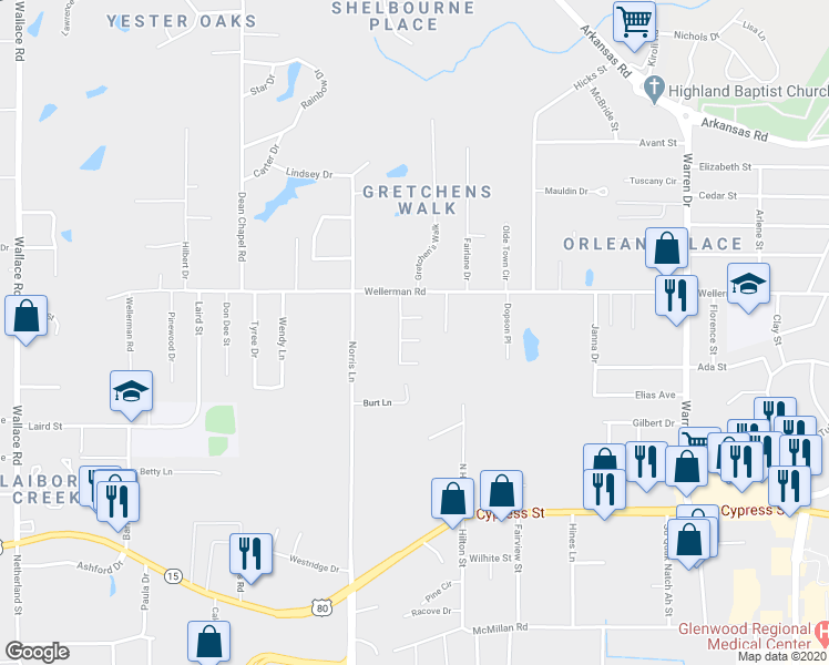map of restaurants, bars, coffee shops, grocery stores, and more near 105 Willow Ridge Drive in West Monroe