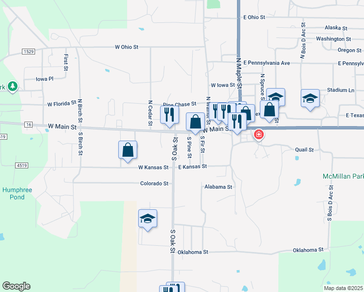 map of restaurants, bars, coffee shops, grocery stores, and more near 165 South Oak Street in Van
