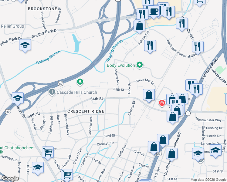 map of restaurants, bars, coffee shops, grocery stores, and more near 1032 55th Street in Columbus