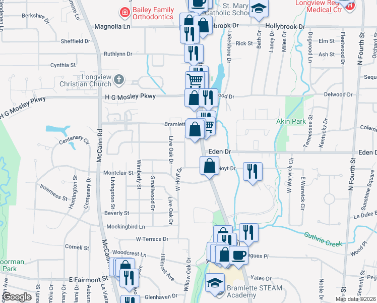 map of restaurants, bars, coffee shops, grocery stores, and more near 1607 Judson Road in Longview