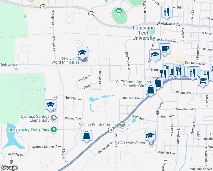 map of restaurants, bars, coffee shops, grocery stores, and more near 506-698 University Boulevard in Ruston