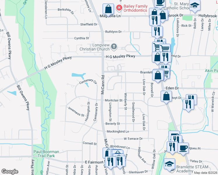 map of restaurants, bars, coffee shops, grocery stores, and more near 23 Stonegate Drive in Longview