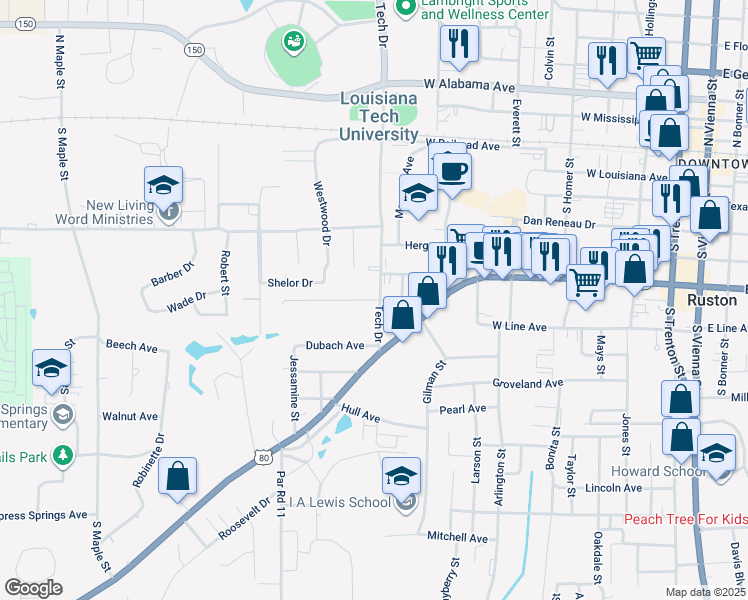 map of restaurants, bars, coffee shops, grocery stores, and more near 1103 Carey Avenue in Ruston
