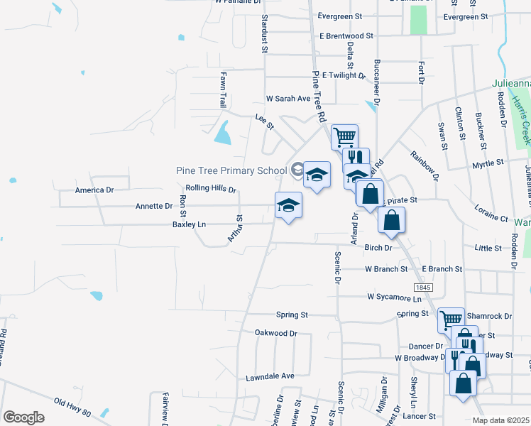 map of restaurants, bars, coffee shops, grocery stores, and more near 105 Bass Drive in Longview