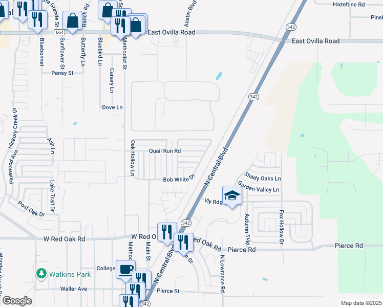 map of restaurants, bars, coffee shops, grocery stores, and more near 310 Quail Run Road in Red Oak