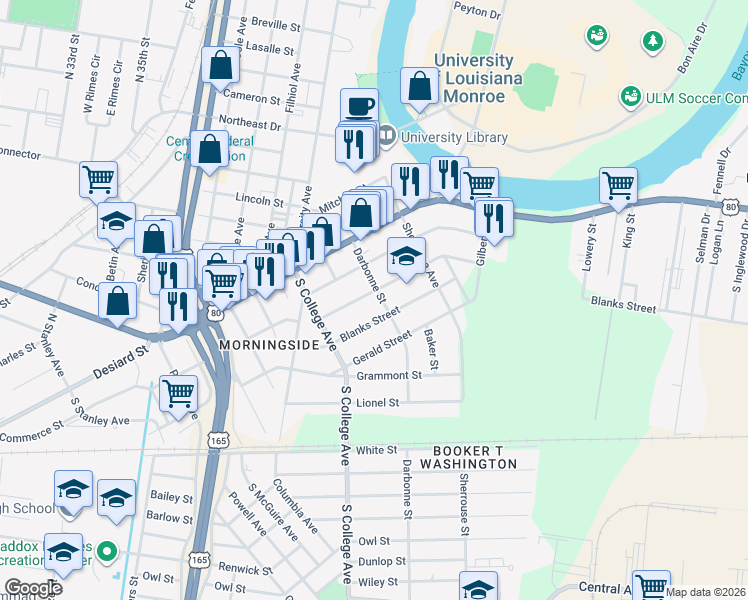 map of restaurants, bars, coffee shops, grocery stores, and more near 3918 Harrison Street in Monroe