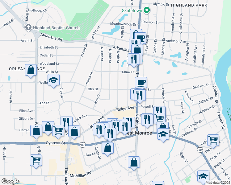 map of restaurants, bars, coffee shops, grocery stores, and more near 2404 North 10th Street in West Monroe