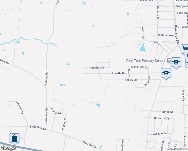 map of restaurants, bars, coffee shops, grocery stores, and more near 1303 Baxley Lane in Longview