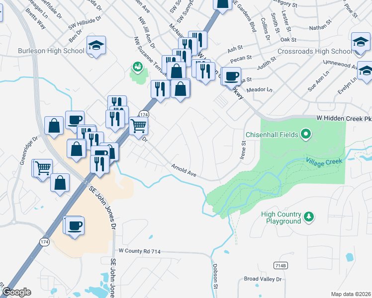 map of restaurants, bars, coffee shops, grocery stores, and more near 1108 Miles Avenue in Burleson