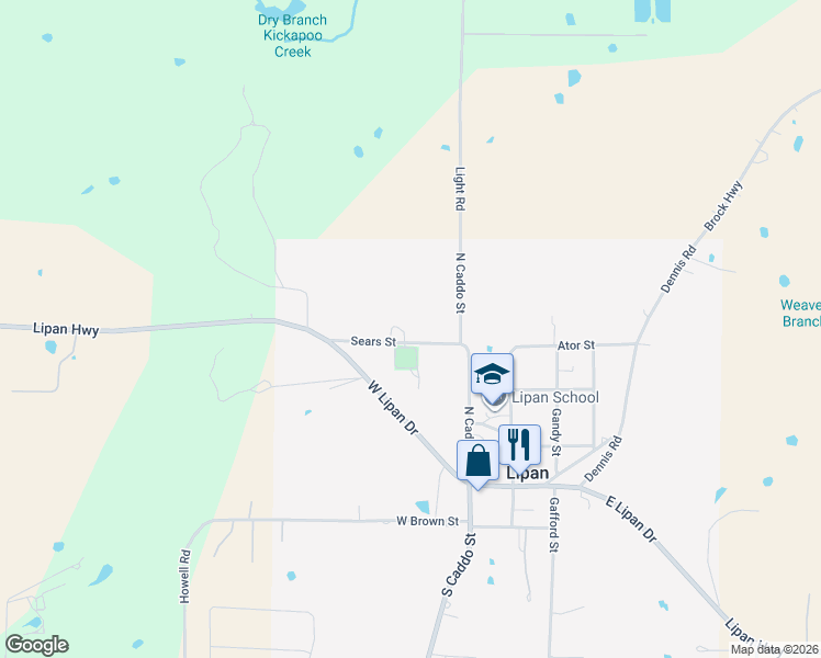 map of restaurants, bars, coffee shops, grocery stores, and more near 118 Sears Street in Lipan