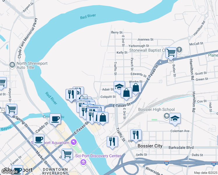 map of restaurants, bars, coffee shops, grocery stores, and more near 205 Adair Street in Bossier City