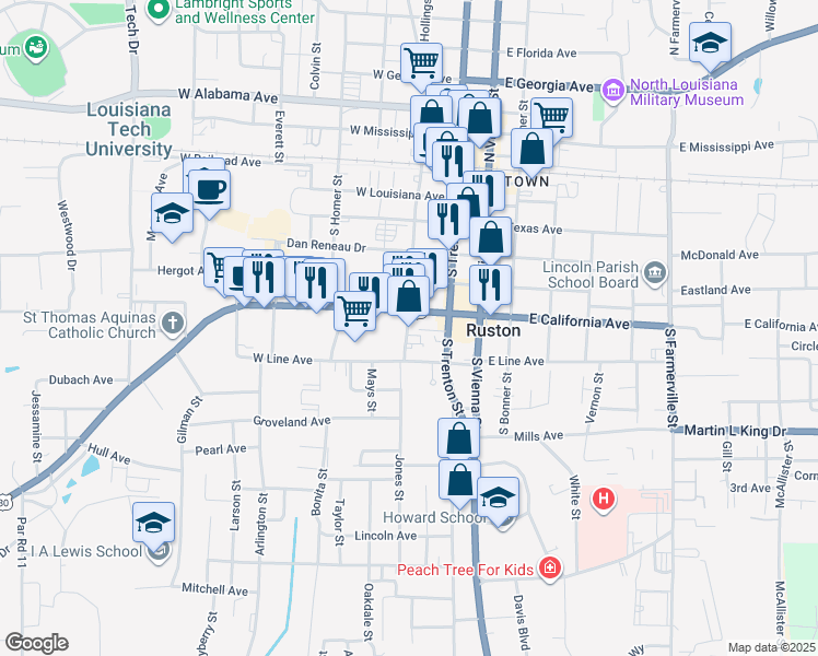 map of restaurants, bars, coffee shops, grocery stores, and more near 698 South Monroe Street in Ruston