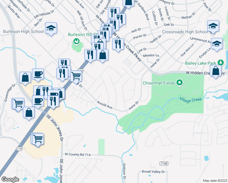 map of restaurants, bars, coffee shops, grocery stores, and more near 1116 Darren Drive in Burleson