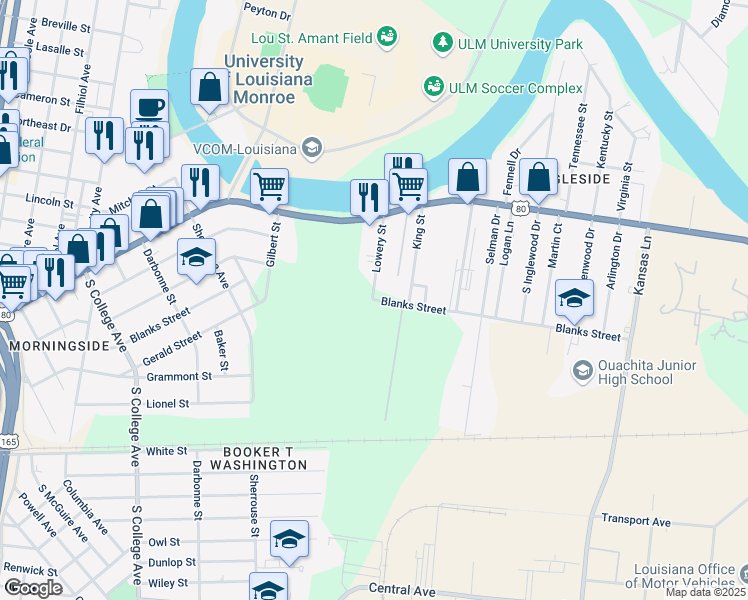 map of restaurants, bars, coffee shops, grocery stores, and more near 4898 Blanks Street in Monroe