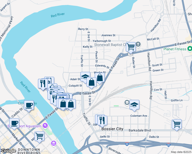 map of restaurants, bars, coffee shops, grocery stores, and more near 414 Adair Street in Bossier City