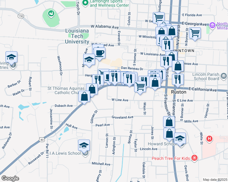 map of restaurants, bars, coffee shops, grocery stores, and more near 609 Bond Street in Ruston