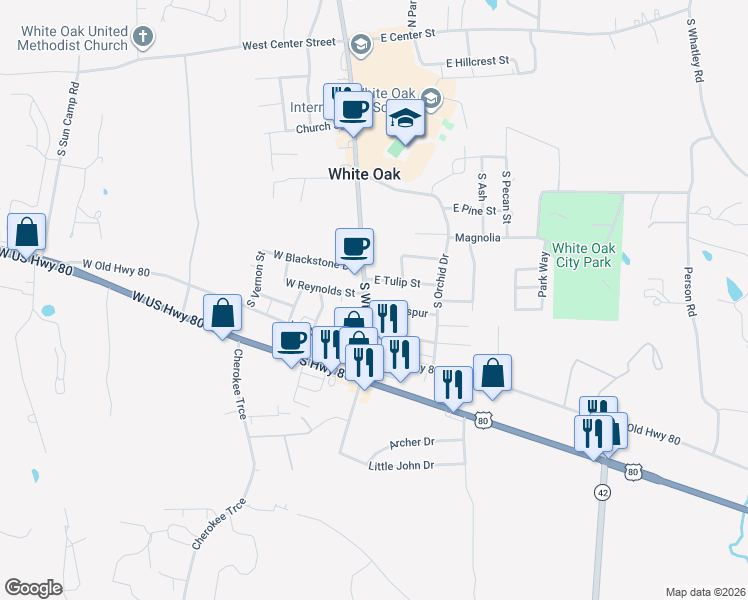 map of restaurants, bars, coffee shops, grocery stores, and more near 703 South White Oak Road in White Oak