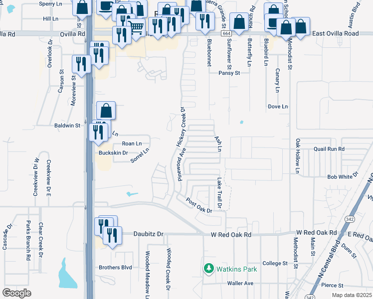 map of restaurants, bars, coffee shops, grocery stores, and more near 161 Pinewood Avenue in Red Oak