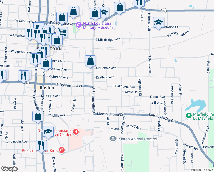 map of restaurants, bars, coffee shops, grocery stores, and more near 700 East California Avenue in Ruston