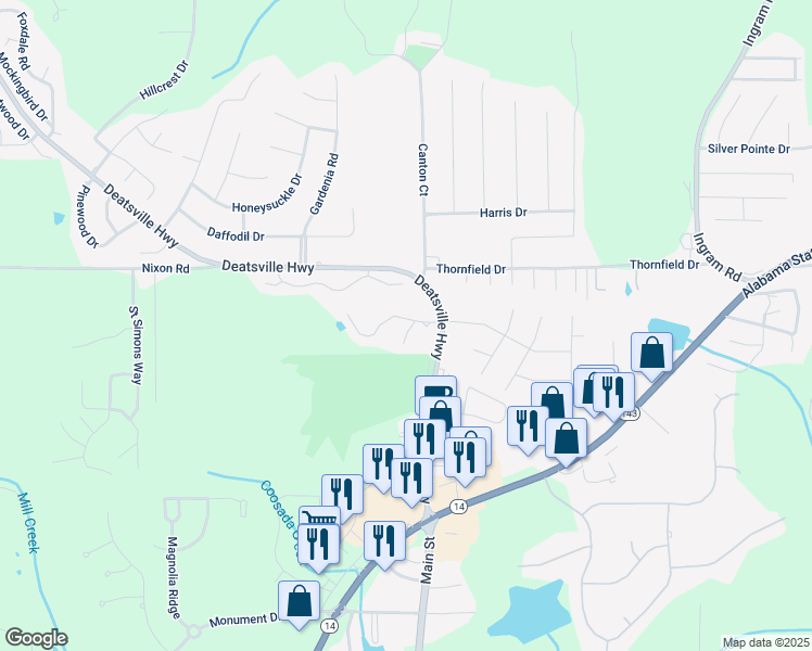 map of restaurants, bars, coffee shops, grocery stores, and more near 445 Deatsville Highway in Millbrook