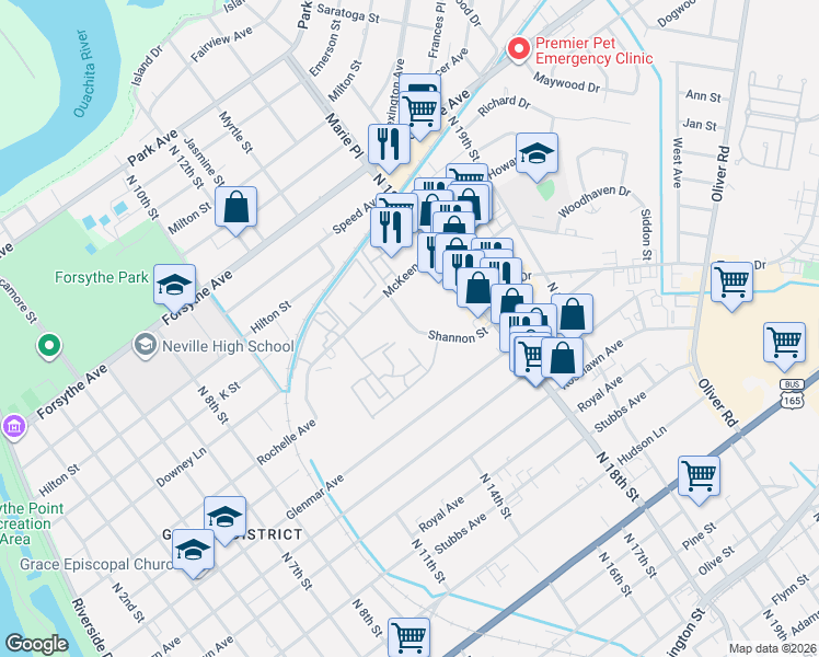 map of restaurants, bars, coffee shops, grocery stores, and more near 1401 Erin Street in Monroe