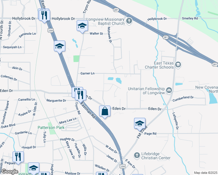 map of restaurants, bars, coffee shops, grocery stores, and more near 1716 Yosemite Way in Longview