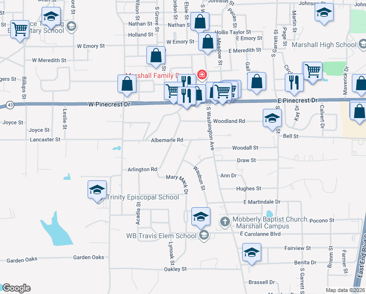 map of restaurants, bars, coffee shops, grocery stores, and more near 2506 Madewood Road in Marshall