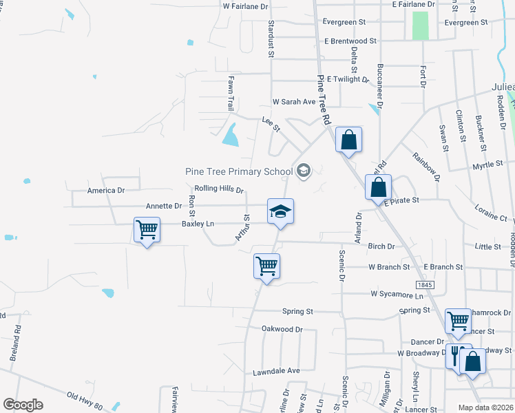 map of restaurants, bars, coffee shops, grocery stores, and more near 1009 Baxley Lane in Longview