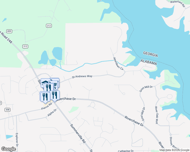 map of restaurants, bars, coffee shops, grocery stores, and more near Saint Andrews Way in Phenix City
