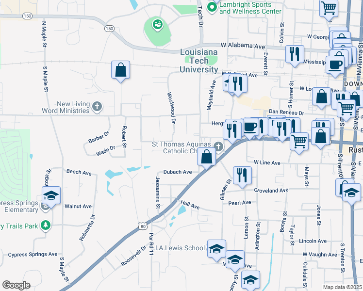 map of restaurants, bars, coffee shops, grocery stores, and more near 1101-1119 Carey Avenue in Ruston