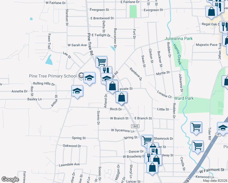 map of restaurants, bars, coffee shops, grocery stores, and more near 1701 Pine Tree Road in Longview
