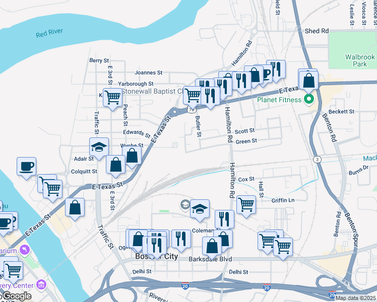 map of restaurants, bars, coffee shops, grocery stores, and more near 600 Detroit Street in Bossier City