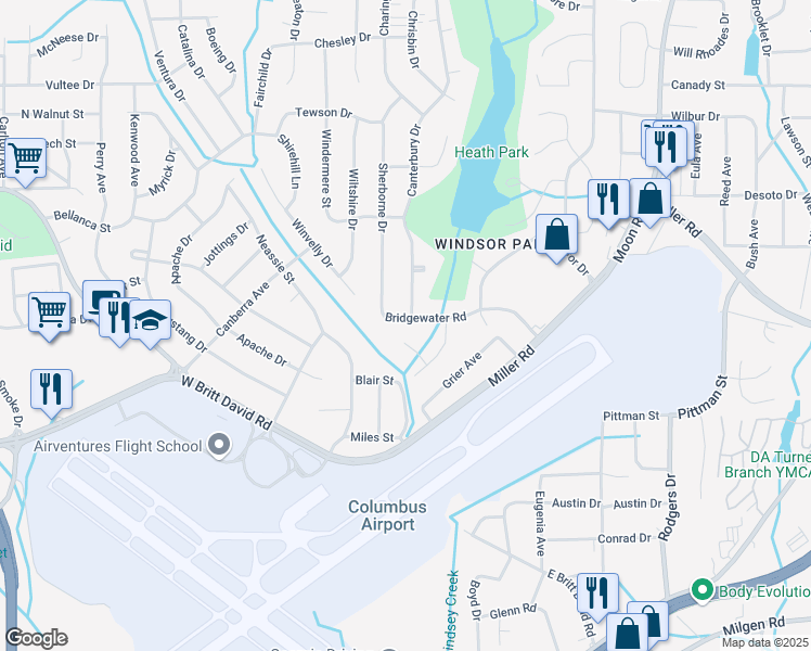map of restaurants, bars, coffee shops, grocery stores, and more near 3536 Bridgewater Road in Columbus