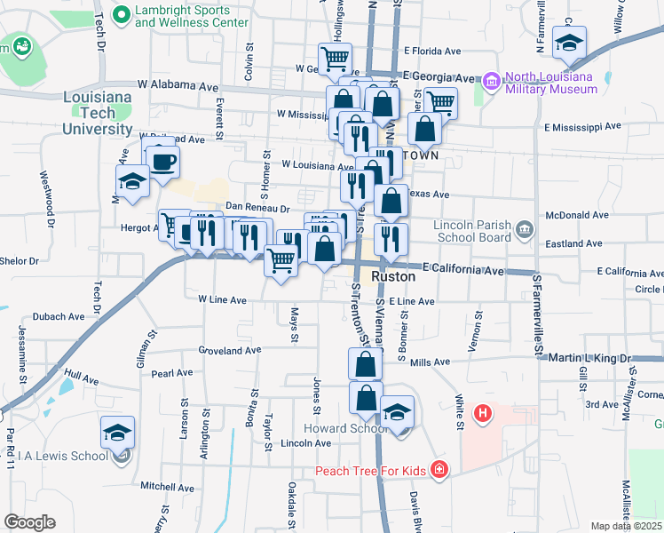 map of restaurants, bars, coffee shops, grocery stores, and more near 610-698 South Monroe Street in Ruston