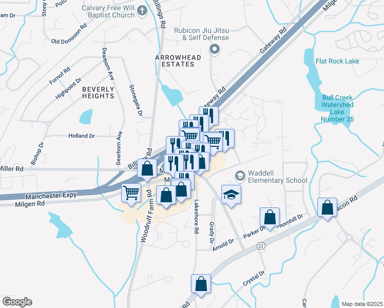 map of restaurants, bars, coffee shops, grocery stores, and more near 5751 Milgen Road in Columbus