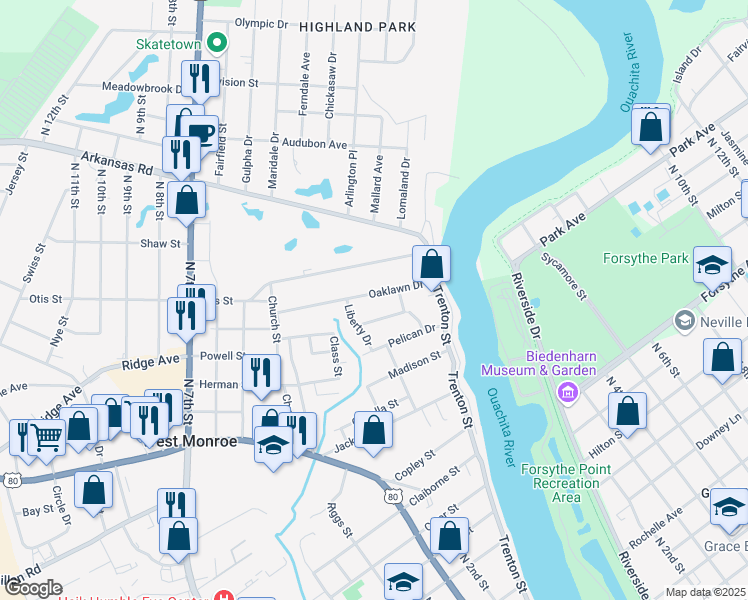map of restaurants, bars, coffee shops, grocery stores, and more near 213 Oaklawn Drive in West Monroe