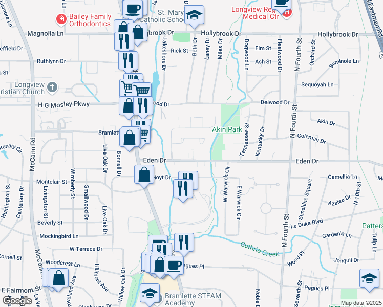 map of restaurants, bars, coffee shops, grocery stores, and more near 310 Eden Drive in Longview