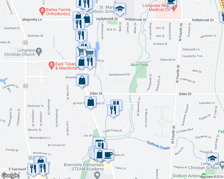 map of restaurants, bars, coffee shops, grocery stores, and more near 310 Eden Drive in Longview