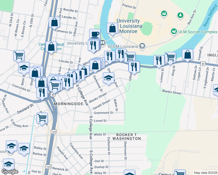 map of restaurants, bars, coffee shops, grocery stores, and more near 300 Sherrouse Avenue in Monroe